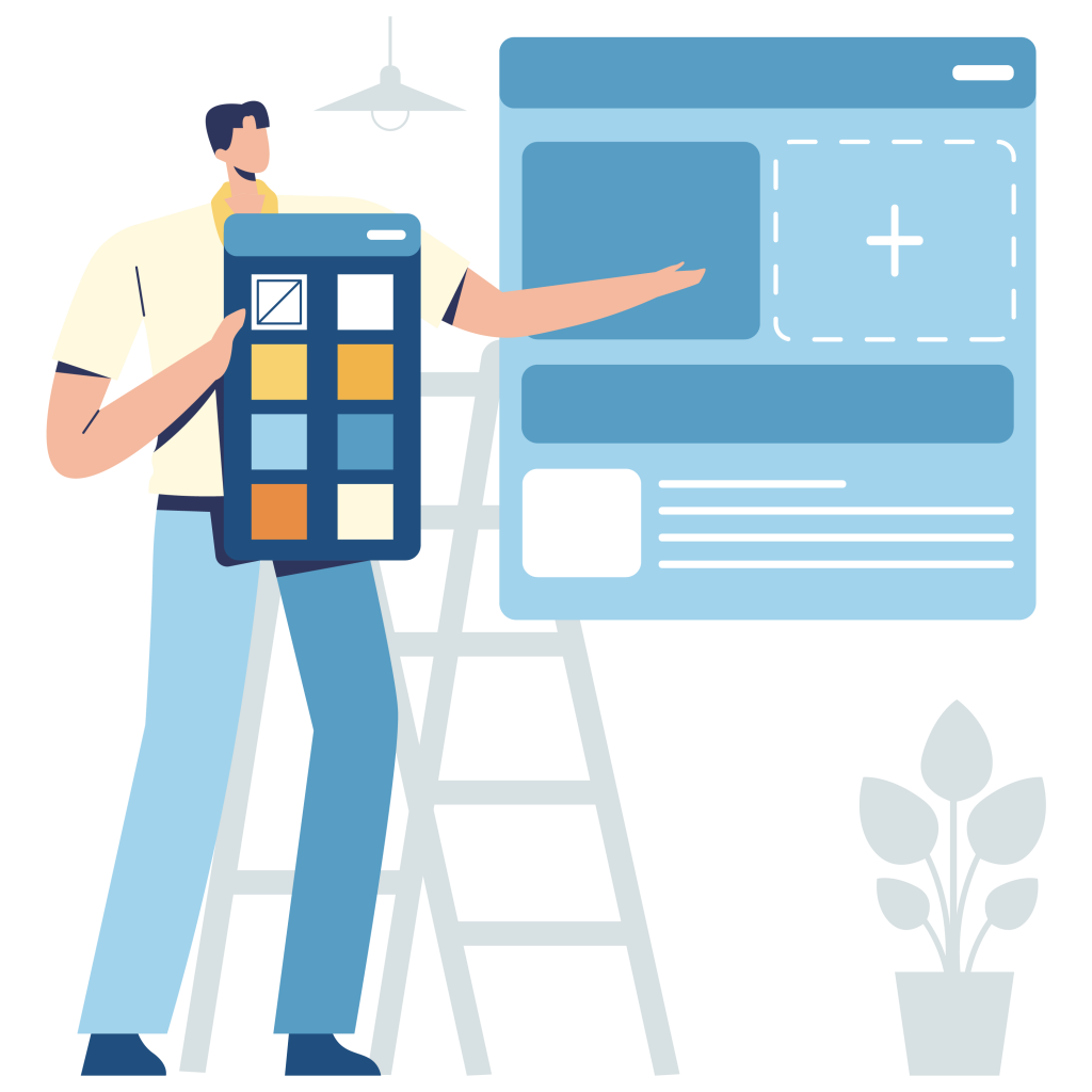 Illustration of a person standing on a ladder, holding a colour palette, and pointing to a website interface template with a plus sign and various layout sections.