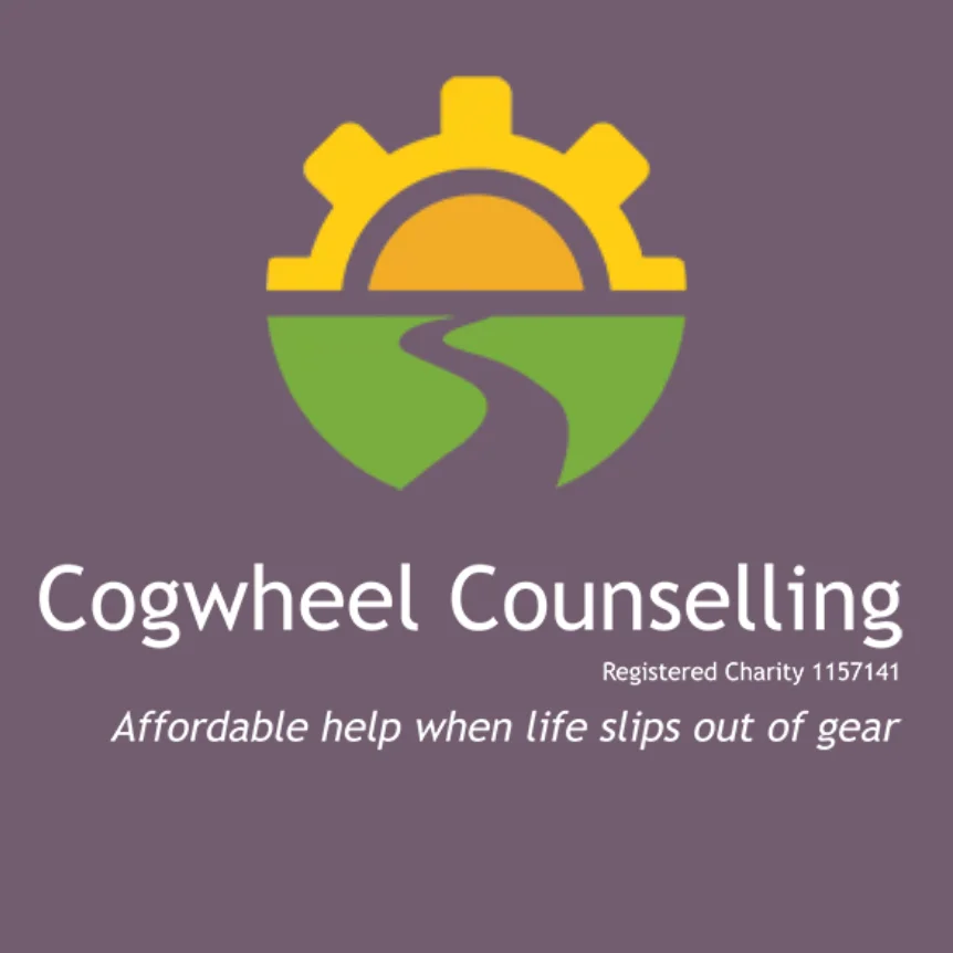 Logo for Cogwheel Counselling featuring a stylised gear, a path, and the tagline: Affordable help when life slips out of gear. Registered Charity 1157141.