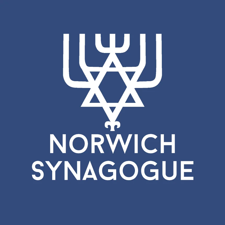 White logo of Norwich Synagogue featuring a stylised menorah and Star of David on a blue background, with the text Norwich Synagogue below the symbol.