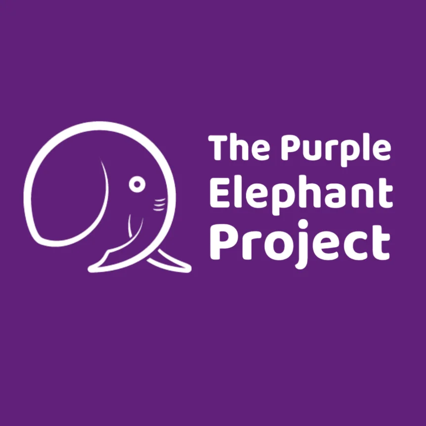 A simple white outline of an elephant's head and trunk with the text The Purple Elephant Project on a solid purple background.