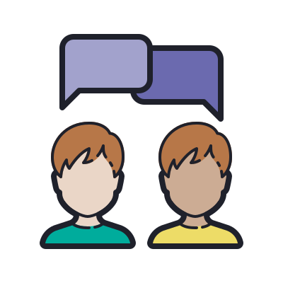 Two faceless figures with speech bubbles above their heads, representing a conversation or communication between two people.