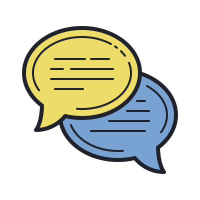 Illustration of two overlapping speech bubbles, one yellow and one blue, containing horizontal lines representing text, on a light background.