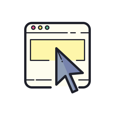 Illustration of a computer window with a yellow box and a large cursor arrow pointing at it, on a light grey background.