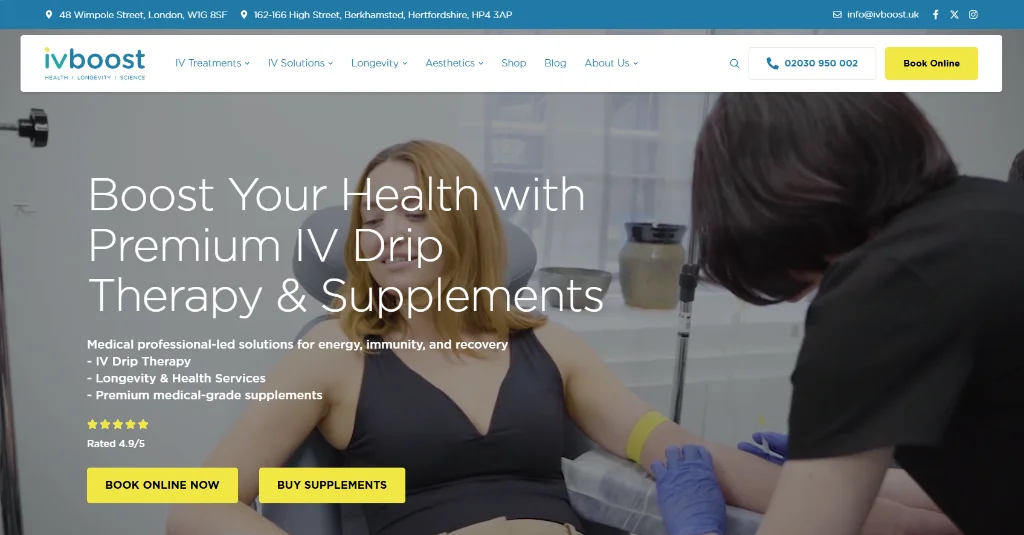 A woman receives an intravenous drip in a clinic; text promotes premium IV drip therapy and supplements at ivboost, highlighting professional-led health solutions.