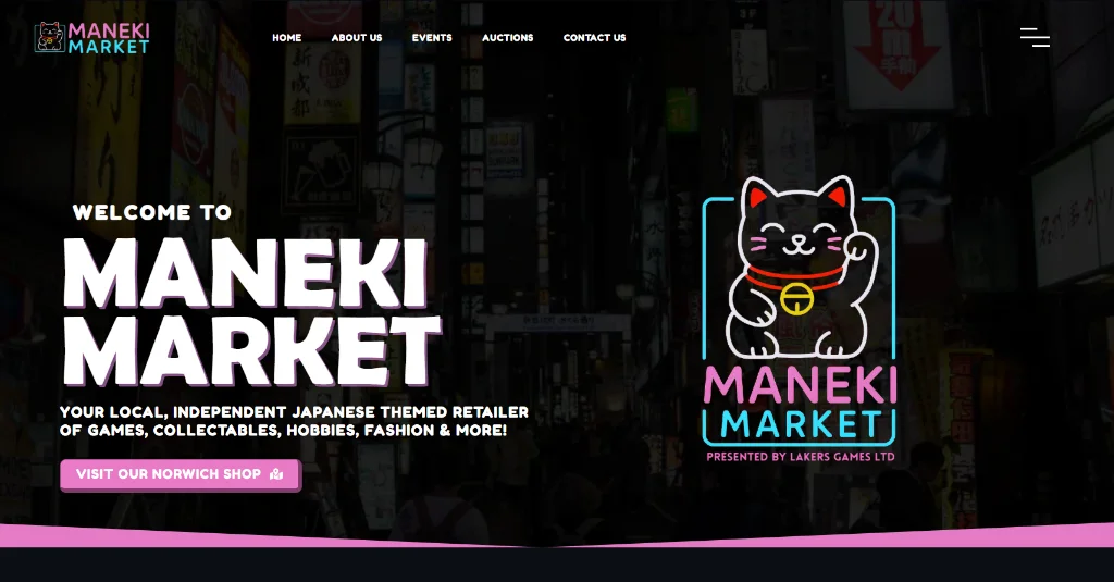 Screenshot of the Maneki Market website homepage with a neon maneki-neko cat logo, menu navigation, and a button to visit their Norwich shop.