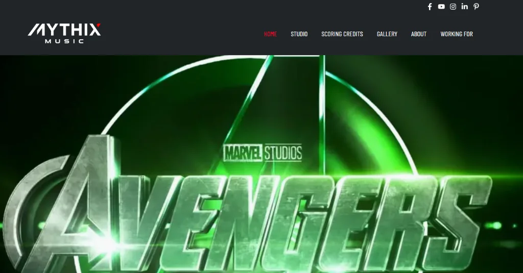 A website page for Mythix Music featuring a large Avengers logo with Marvel Studios branding and a black navigation bar at the top.