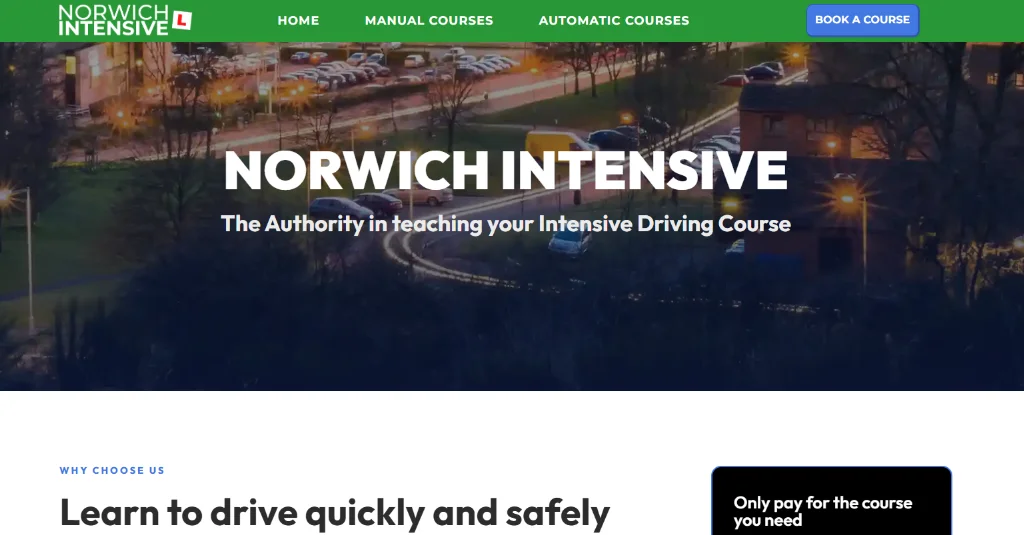 Screenshot of the Norwich Intensive driving school website showing navigation links, a booking button, and a headline promoting intensive driving courses.