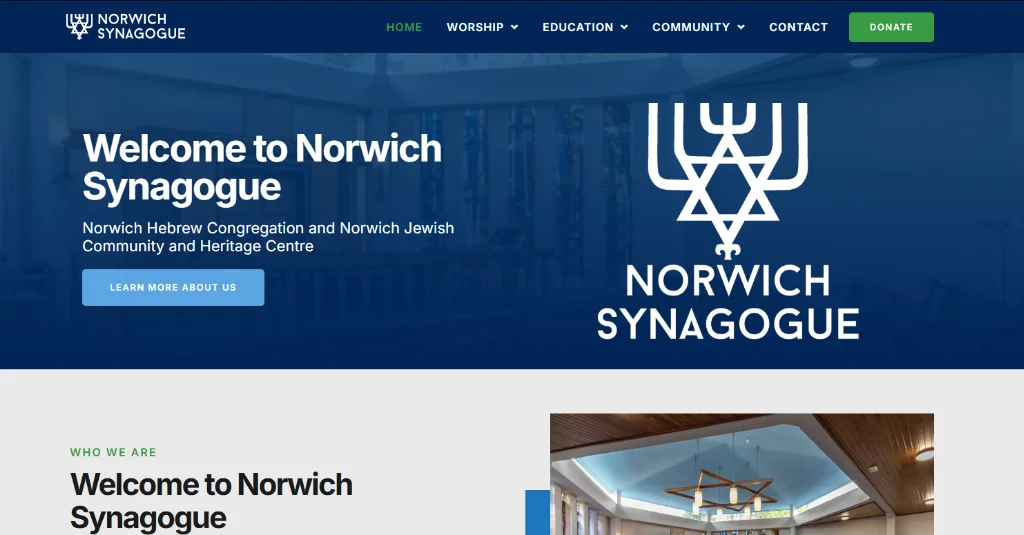 Screenshot of the Norwich Synagogue website homepage featuring the synagogue's logo, navigation menu, and a welcome message for visitors.