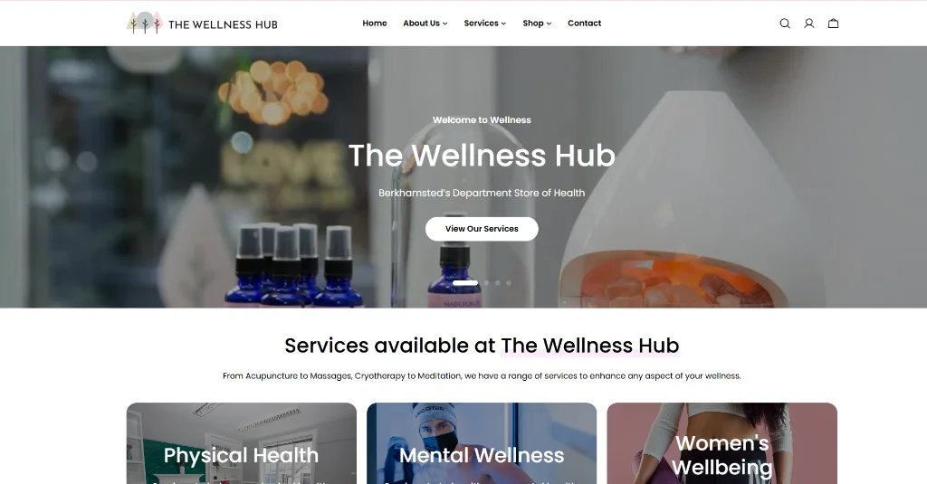 Screenshot of The Wellness Hub website homepage featuring service categories like physical health, mental wellbeing, and women's wellbeing, along with a navigation menu and wellness products.