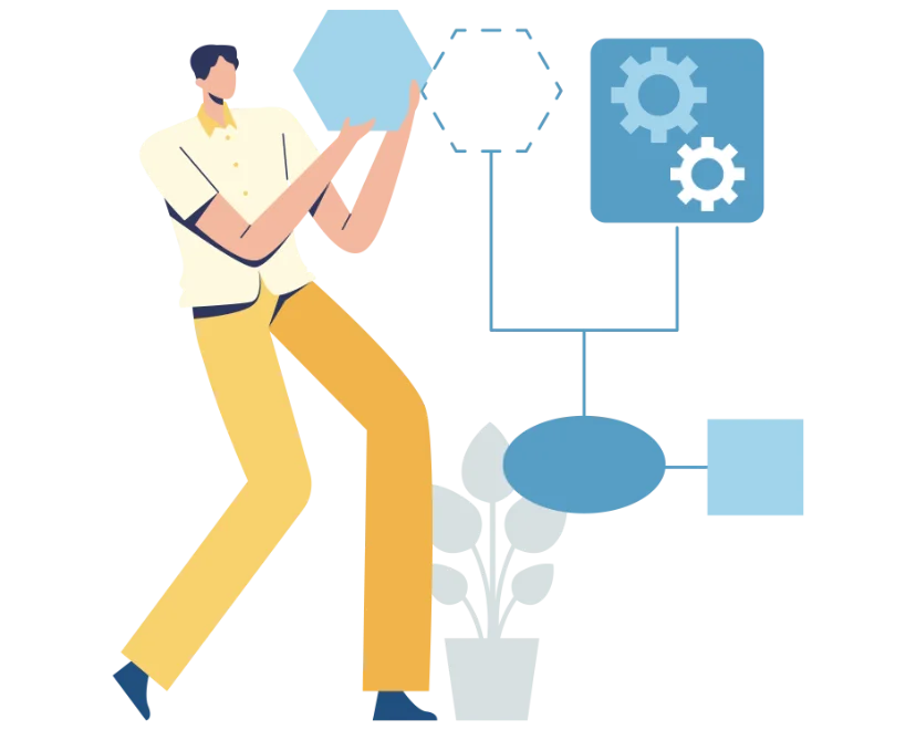 Illustration of a person holding a large gear, standing next to interconnected gears and flowchart shapes representing process or workflow automation.