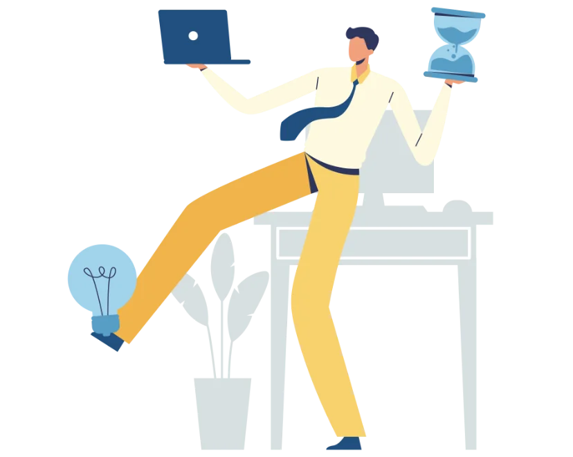 Illustration of a person balancing a laptop and an hourglass whilst standing on one leg near a desk with a plant and a lightbulb.