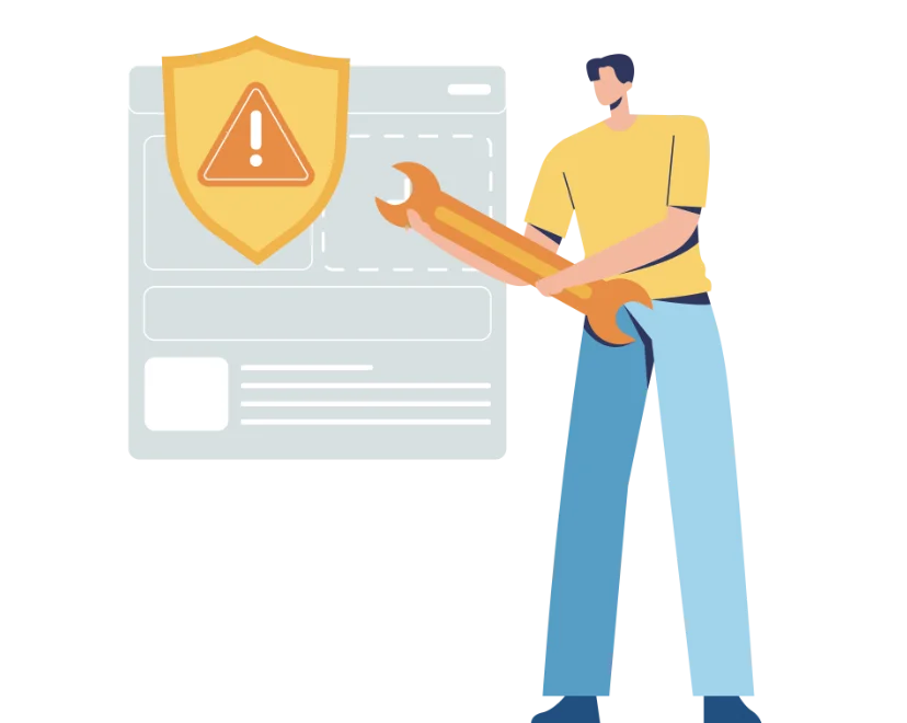 Illustration of a person holding a large spanner standing next to a screen with a warning shield icon, suggesting a technical issue or maintenance.