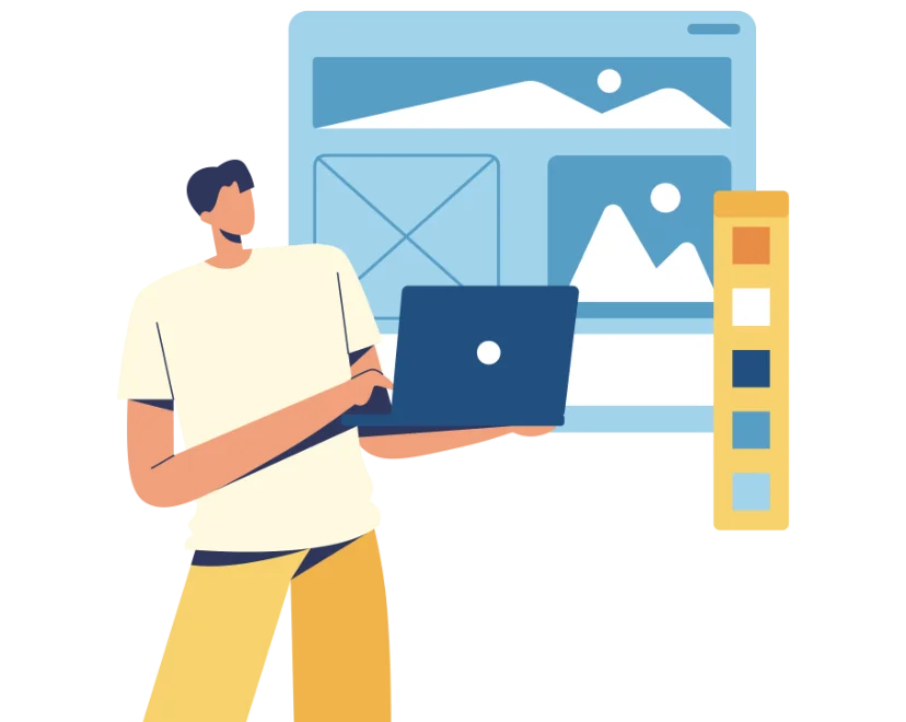 Illustration of a person holding a laptop, standing in front of a design interface with images and a colour palette on display.