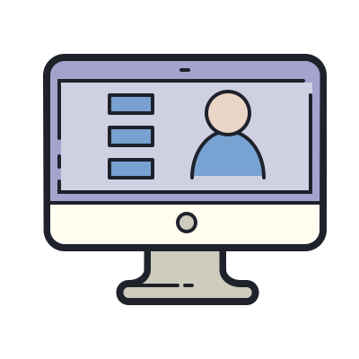 Illustration of a computer monitor displaying a profile icon and three horizontal rectangles, suggesting a user interface or online profile.
